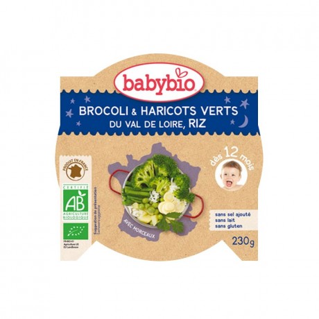 BABYBIO Assiette Brocoli & Haricots verts du Val de Loire, Riz 230g