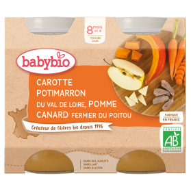 BABYBIO POTS CAROTTE POTIMARRON DU VAL DE LOIRE POMME CANARD FERMIER DU POITOU 2*200G